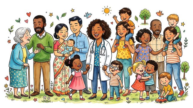 Diverse group of happy people and children illustration