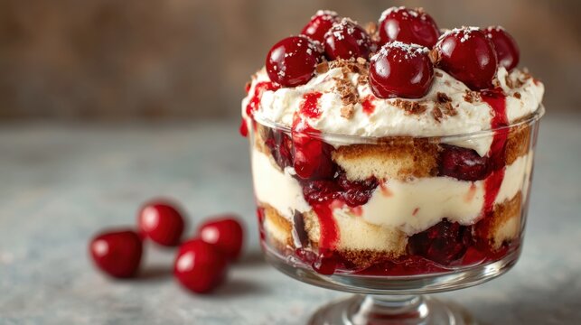 A rich cherry trifle layered with sponge cake, whipped cream, and topped with fresh cherries, creating a delightful treat for dessert lovers.