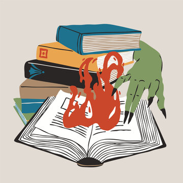 Stack of books. Various books. Open book with fire, green witch or demon hand. Bookstore, library, leisure reading concept. Horror, fantasy, mystery literature. Hand drawn trendy Vector illustration