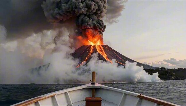 dramatic view of erupting volcanic island from small fishing boat