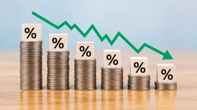 Stacks of coins decrease in height topped with wooden cubes displaying percentage symbols and a downward trending green graph line inflation interest finance money economy saving investment