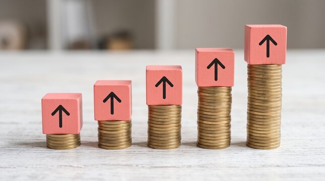 Five stacks of gold coins of increasing height each topped with a pink cube featuring a black upward pointing arrow 185 characters inflation interest growth finance increase money investment