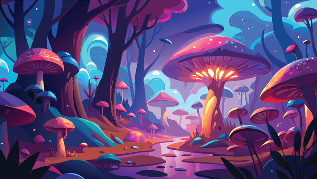 Enchanted forest with glowing mushrooms during twilight in a fantasy landscape vector illustration