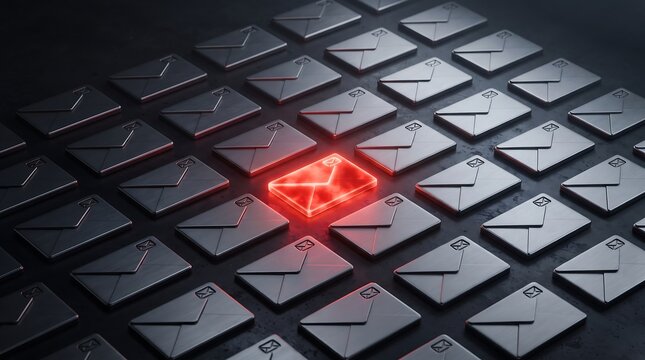 Glowing red envelope standing out among dark grey mail icons in a grid pattern