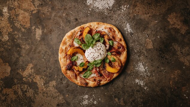 Flatbread with charred peaches, burrata cheese, and basil on dark surface
