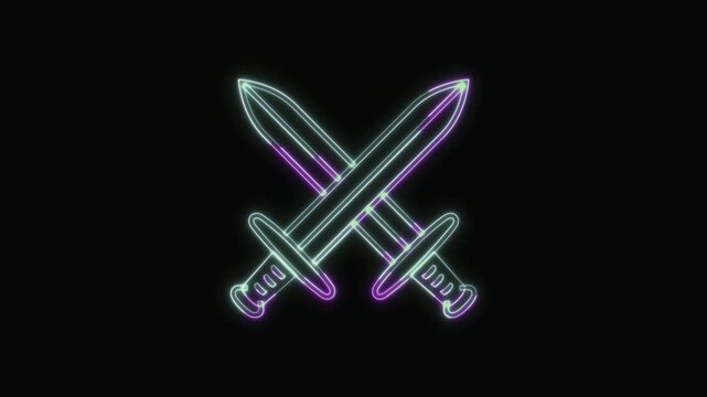  Crossed Swords Icon Neon Seamless Loop 4K with Black Background Animated Promotional Typography for Video Editing