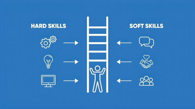 Hard skills and soft skills infographic on blue background, career development ladder with business icons, professional growth and corporate training concept