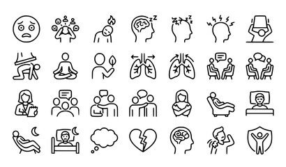 Fototapeta premium Stress Anxiety Mental Health and Mindfulness Editable Outline Vector Icons
