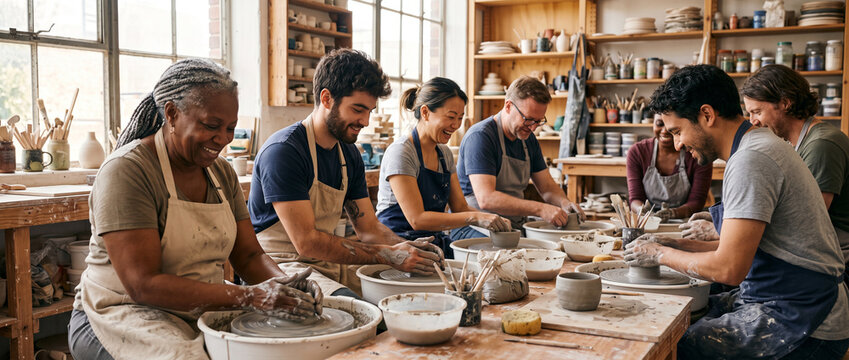 Diverse group of adults taking pottery workshop crafting ceramic clay objects on wheels