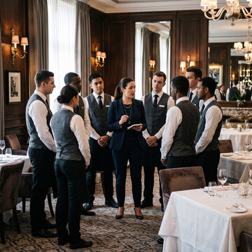 Restaurant manager leading pre service briefing with staff team in luxury dining room