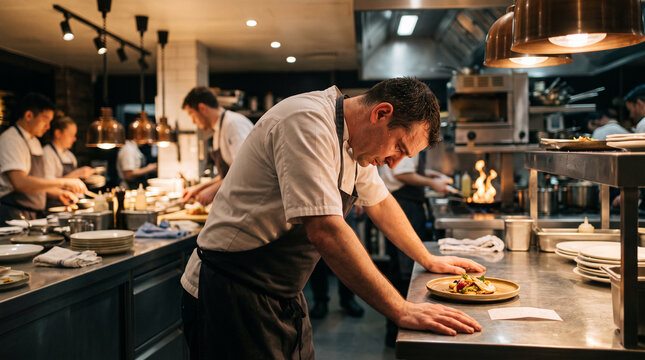 Stressed male chef leaning over pass counter during intense restaurant kitchen service
