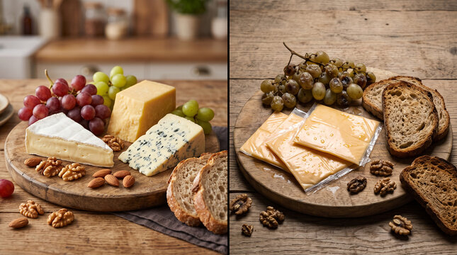 Diptych split image comparing fresh gourmet cheese platter with packaged slices and bread