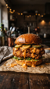 Juicy crispy fried chicken burger with melting cheese and pickles on wooden table