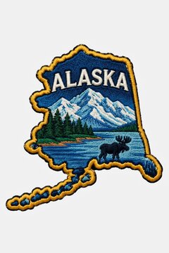 Embroidered Alaska souvenir patch with mountains  isolated on light background.