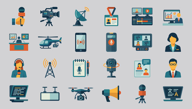 News reporter icons set with journalism, media, broadcast, camera, microphone, and news reporting symbols