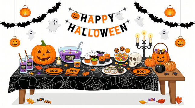 Halloween Monster Mash Party Table with Spooky Treats and Punch Vector Illustration