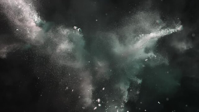 Super Slow Motion Shot of Exploded White Powder on Black Background at 1000 fps.