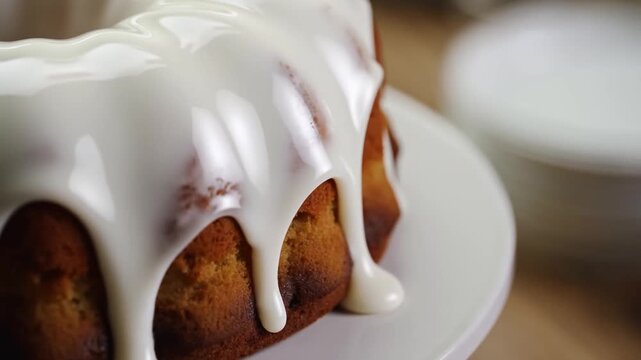 Slow motion tracking shot of bundt cake with white glaze dripping over plate on wooden table close up
