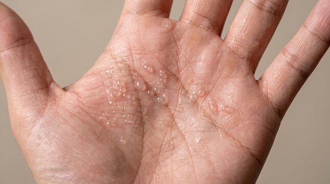 Macro Shot of Dyshidrotic Eczema Water Vesicles on Open Palm of Hand