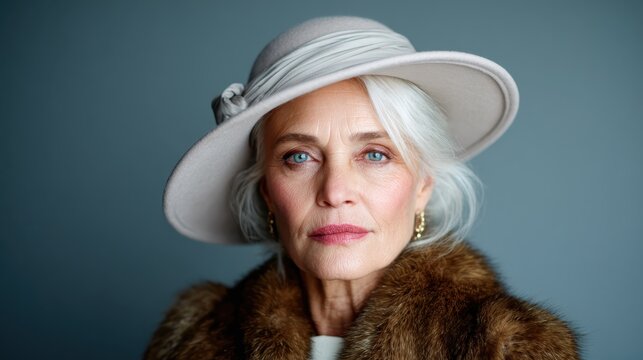 An elegant older woman adorned with a stylish hat and luxurious fur coat, displaying timeless beauty and sophistication against a simple backdrop, embodying grace and poise.