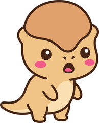 Obraz premium Adorable kawaii baby dinosaur character with a tan body and pink cheeks standing on a white background flat