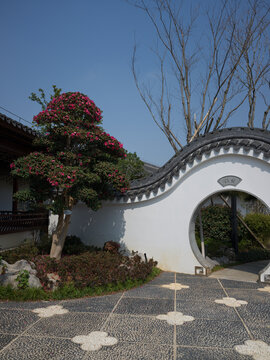 A white moon-gate archway in a classical Chinese garden, China