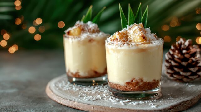 This image showcases two elegant glasses filled with a creamy tropical dessert topped with caramelized pineapple and coconut shavings set in a warm, inviting ambiance.