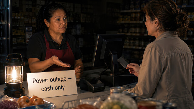 Grocery Store Cashier Accepting Cash Only During Power Outage and Payment Failure