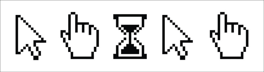 Pixel art computer mouse cursor icon set, arrow pointer hand shapes, hourglass selection symbols for interface and software technology design © ANGUMAN