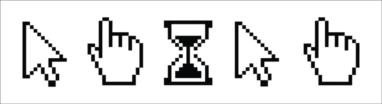 Pixel art computer mouse cursor icon set, arrow pointer hand shapes, hourglass selection symbols for interface and software technology design
