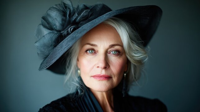 An elegant elderly woman poses with a stylish black hat and a serene expression, showcasing the beauty and wisdom that comes with age and experience.