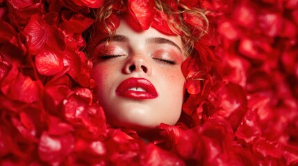 A serene close-up of a woman’s face resting amidst soft red rose petals, radiating beauty and passion in this artistic and romantic setting.