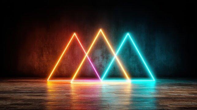 Three dazzling neon triangles radiate color and energy against a dark backdrop, representing modern artistic expression and evoking a sense of creativity and dynamism.