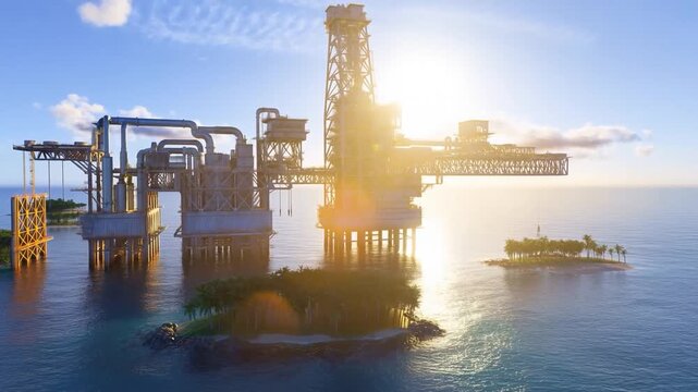Aerial tracking shot of offshore oil platform gliding past tropical islets with sun flare over calm sea at sunset