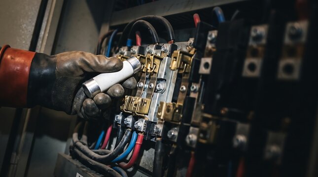 Electrician wearing protective gloves installing a fuse in an industrial control panel