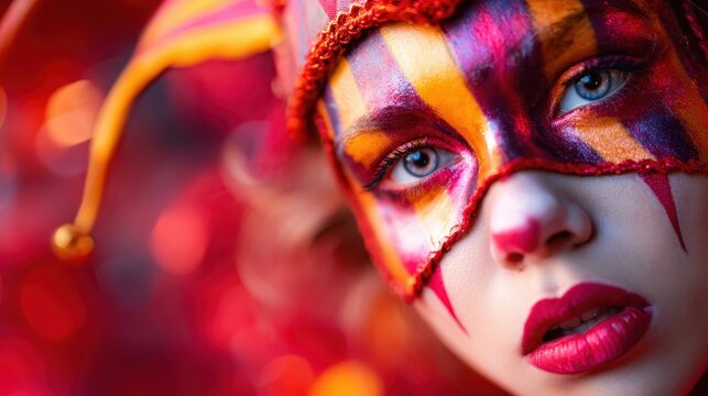 A close-up of a striking jester mask with vibrant colors and intricate designs, embodying the essence of festivity, creativity, and artistic expression.