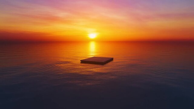 Slow motion tracking aerial pan of floating platform drifting on calm open ocean at sunset with reflective water and gentle ripples