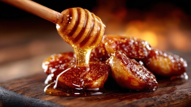Golden honey drips from a wooden dipper onto delicious caramelized treats, capturing the essence of sweetness and culinary delight in a tantalizing composition.