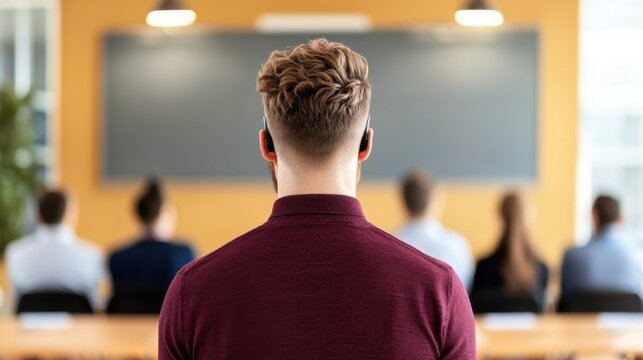 A person with short hair and a maroon sweater sits facing a classroom or seminar setting where four blurred individuals are seated in front of a blackboard.