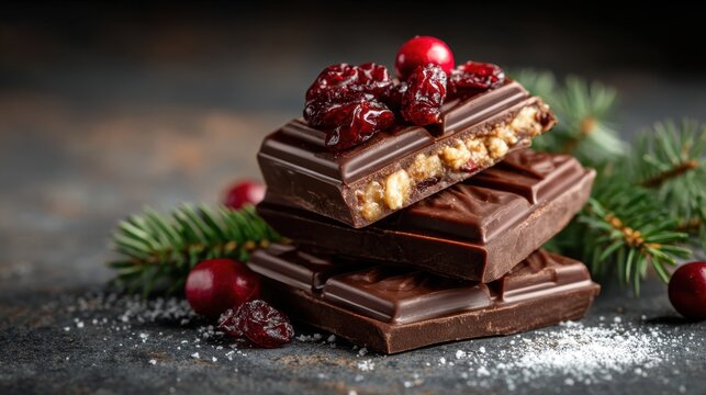 Indulge in the rich visual appeal of layered chocolate bars topped with nuts and cranberries, creating a mouthwatering treat that embodies luxury and flavor.