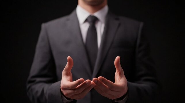 A man in a dark suit and tie gestures with open hands against a black background, symbolizing offering, openness, or communication.