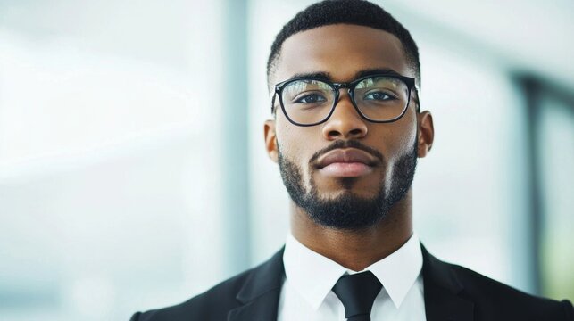 Confident young businessman with glasses, beard, and suit stands with a serious expression in a modern office setting.
