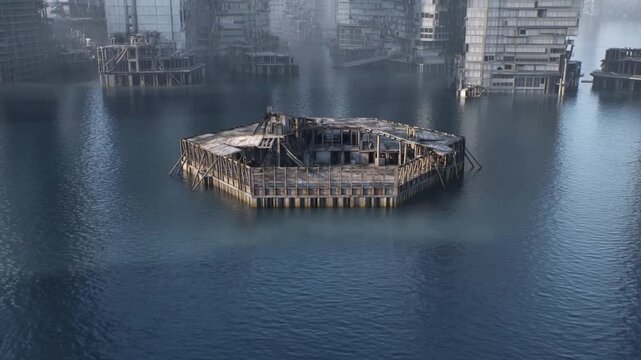 Aerial tracking dolly slow motion view of octagonal wooden pier ruins floating in flooded urban harbor with weathered reflective water and overcast sky