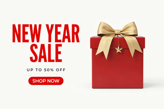 New Year Sale banner with red gift box, gold ribbon and 50 percent off text. Festive holiday promotion web header with shop now button.