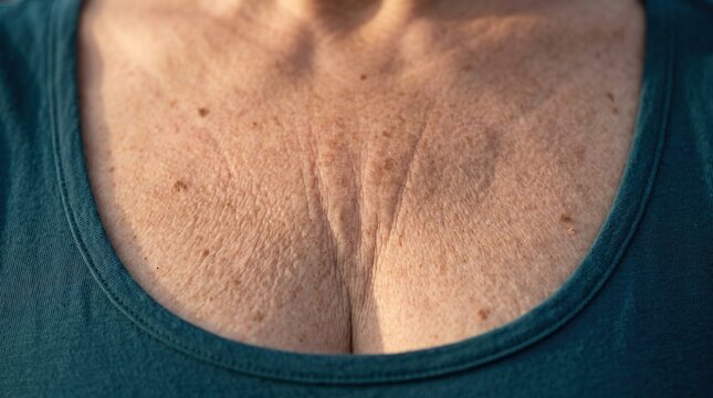 Close Up of Mature Female Decolletage Showing Sun Damaged Crepey Skin and Wrinkles