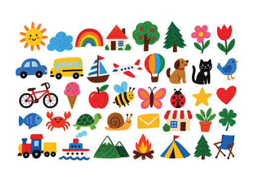 Set of various colorful pixel art icons featuring nature animals vehicles and objects for digital design and games