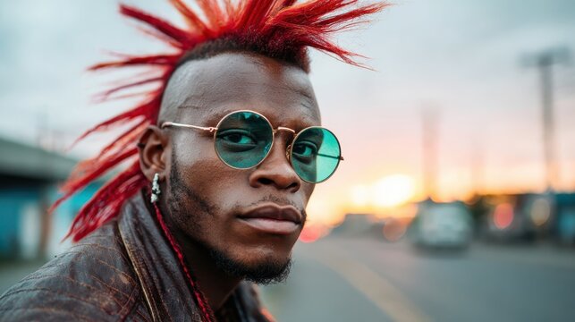 A striking portrait of a young man with a vibrant mohawk hairstyle and sunglasses, capturing an edgy, modern style against a blurred urban backdrop at sunset.