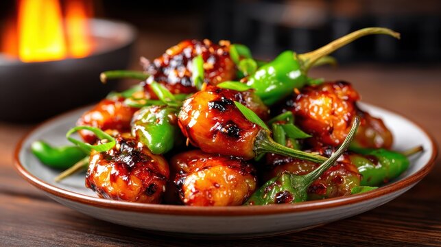 A vibrant bowl of grilled shishito peppers drenched in a spicy glaze, presenting an exciting blend of colors and flavors that entice the taste buds and excite the senses.