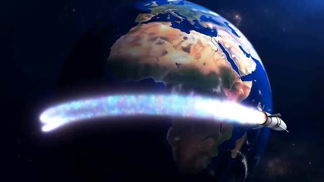 Tracking shot of rocket spacecraft orbiting earth leaving iridescent glowing exhaust trail against starry space backdrop