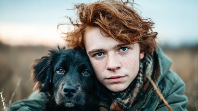 A touching portrait of a young boy and his dog, both gazing into the camera with deep connection, showcasing the beauty of friendship and companionship in a natural setting.